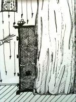 Song Cycle Of The Night Clock - The Cupboard Behind The Curtain - Black Ink Pen On Paper
